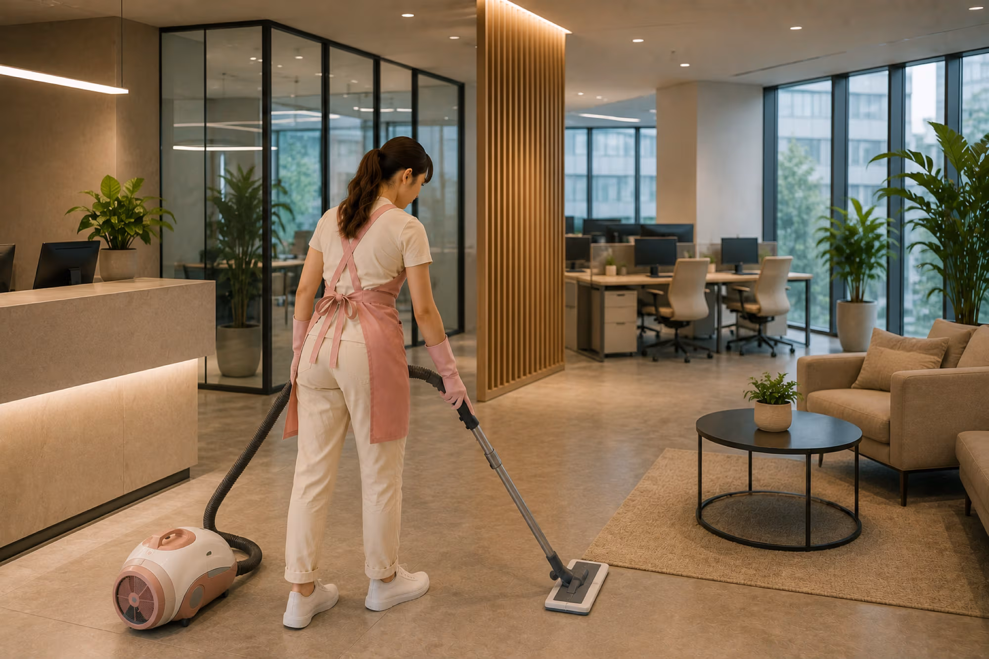 Two janitors using industrial vacuum cleaners to maintain a large, open-plan office space, highlighting professional commercial cleaning solutions.