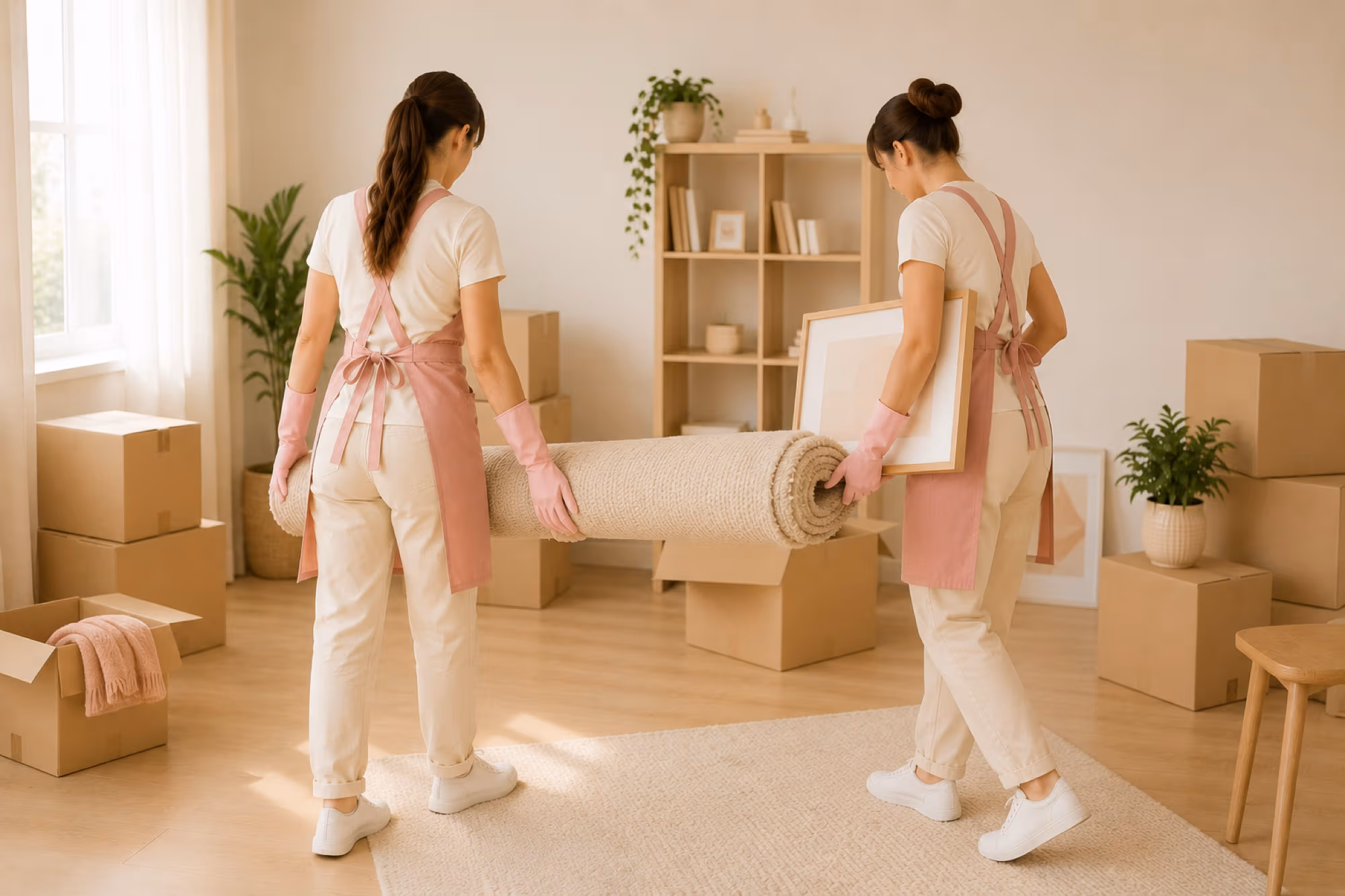 Two professional cleaners carrying a rolled rug and cardboard boxes in a bright room, showcasing move-in and move-out cleaning services for new tenants.