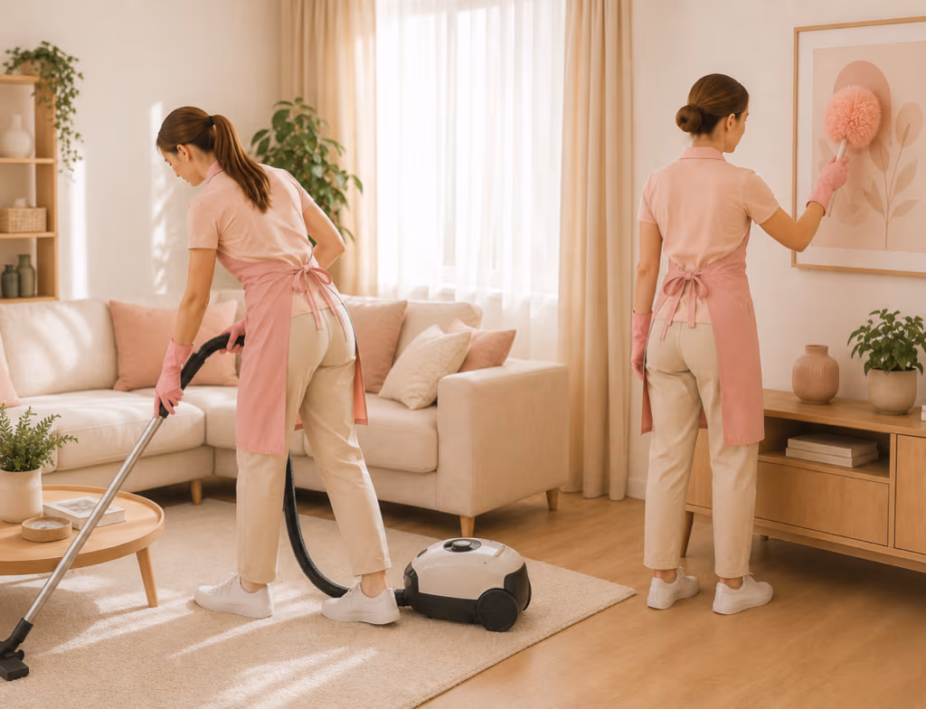 Two cheerful cleaning service professionals posing together in uniform and yellow gloves in a clean, contemporary apartment kitchen.